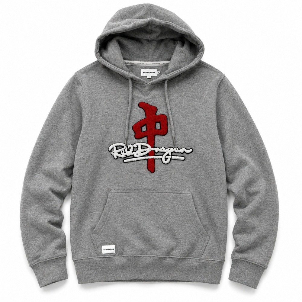 Y2K Red Dragon Chenille Logo Hoodie Gray Pullover Skate Men's Medium